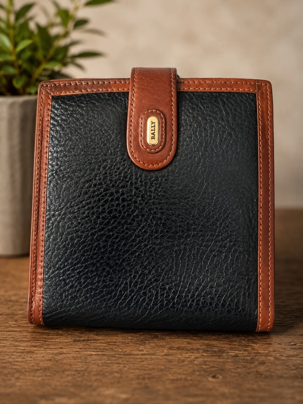 Vintage Bally Black Leather Wallet with Brown Trim and Snap